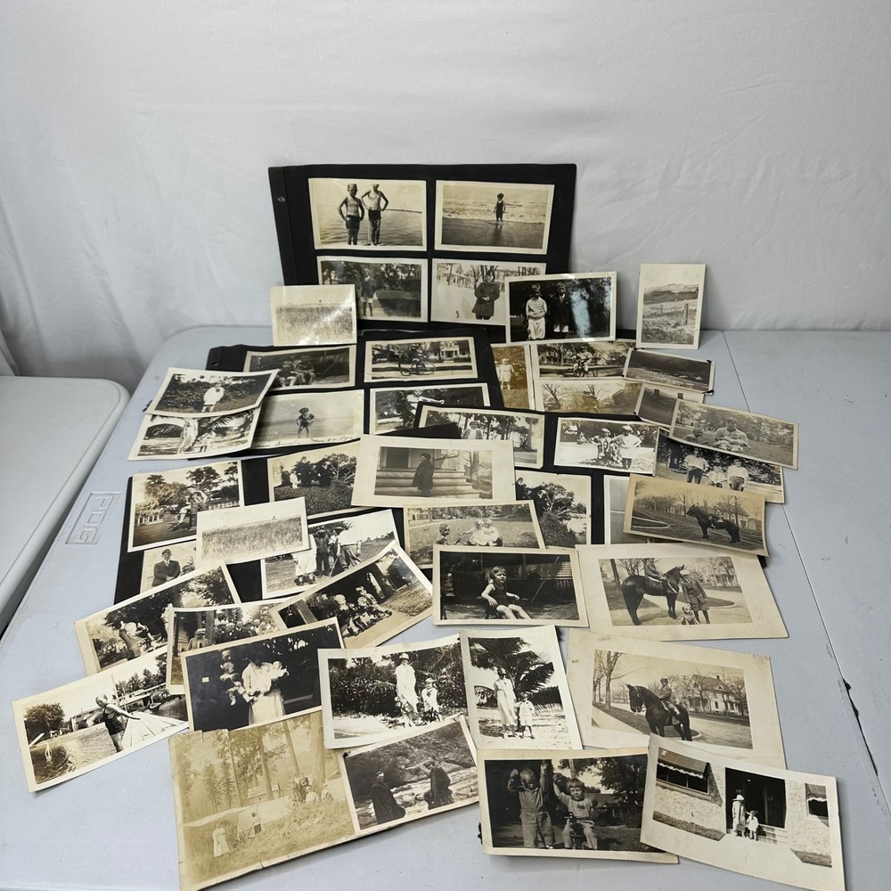 Vintage 1920s Black & White Family Photo Lot Children Horses Beach 1927 Snapshot